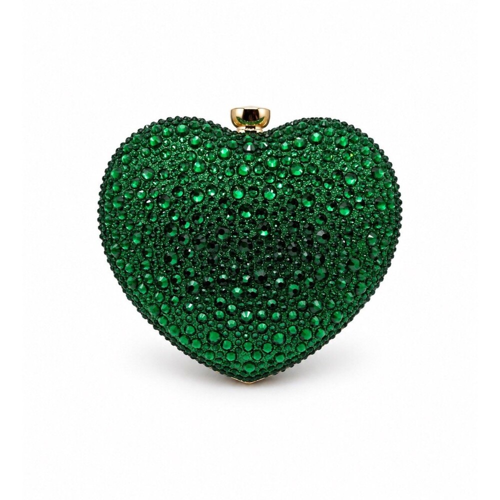 Green Crystal Heart Clutch Purse Gold Handle Formal Evening Bag Womens NEW